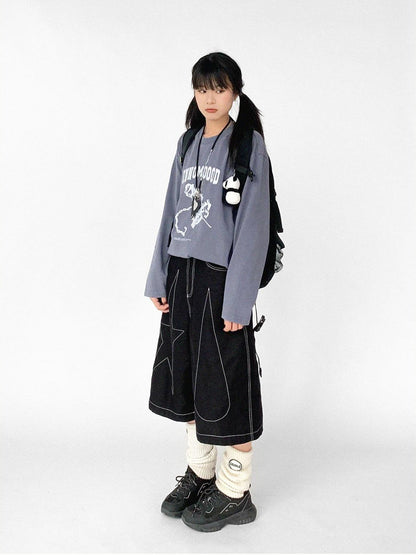 innomoood Tears Star Black Contrast Trim A Line Cropped Culottes