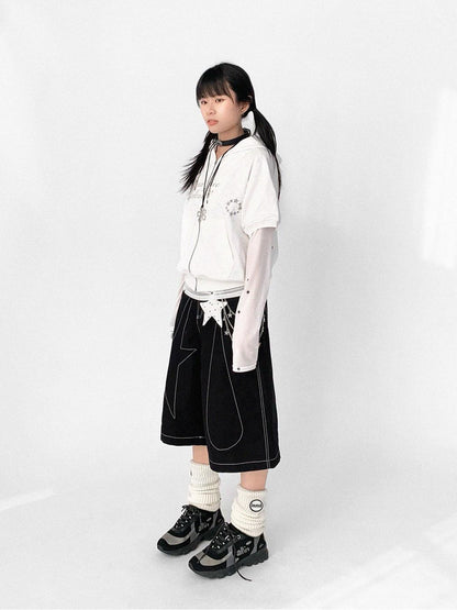 innomoood Tears Star Black Contrast Trim A Line Cropped Culottes