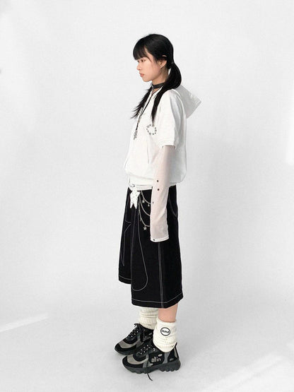 innomoood Tears Star Black Contrast Trim A Line Cropped Culottes