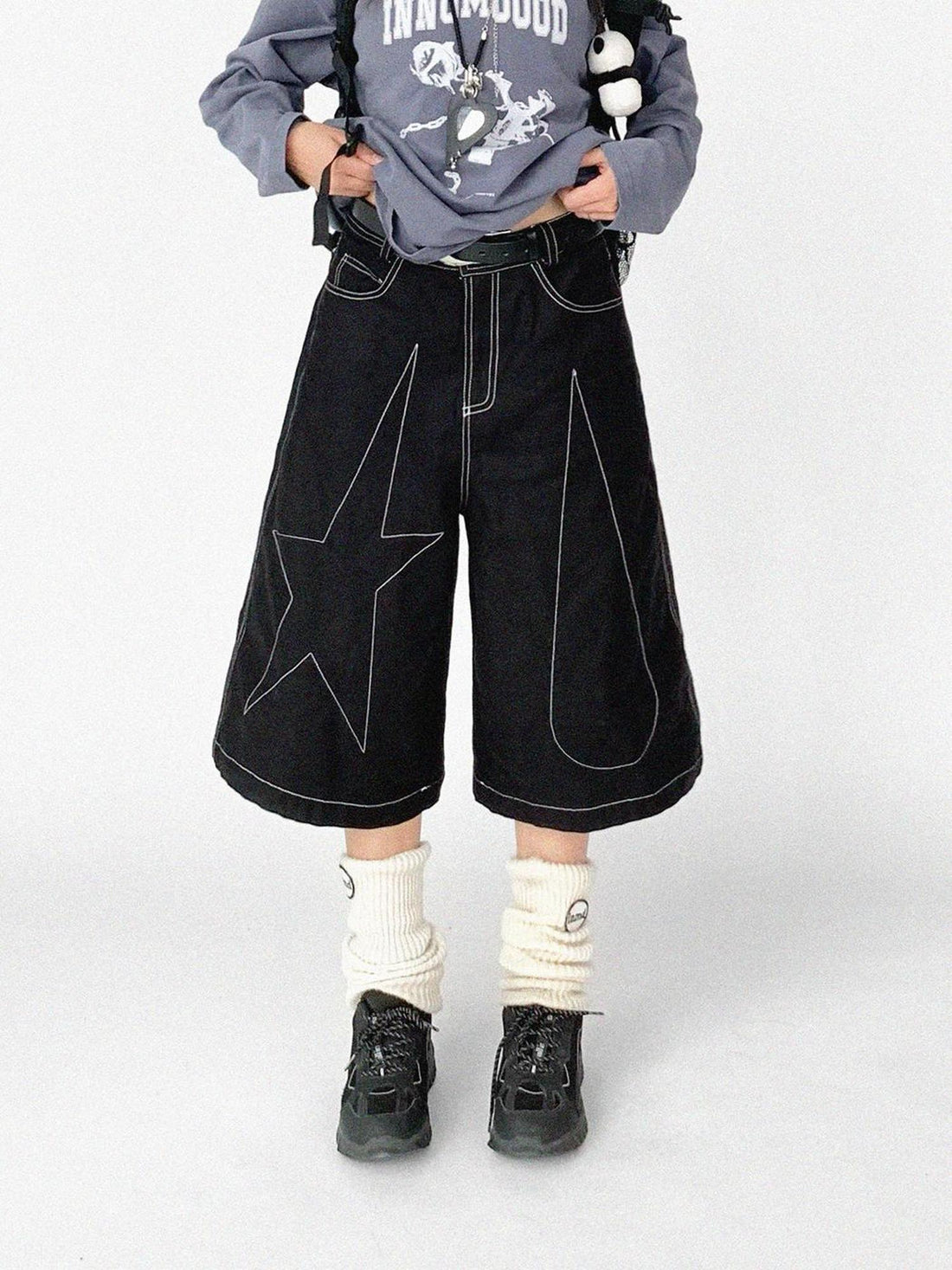 innomoood Tears Star Black Contrast Trim A Line Cropped Culottes
