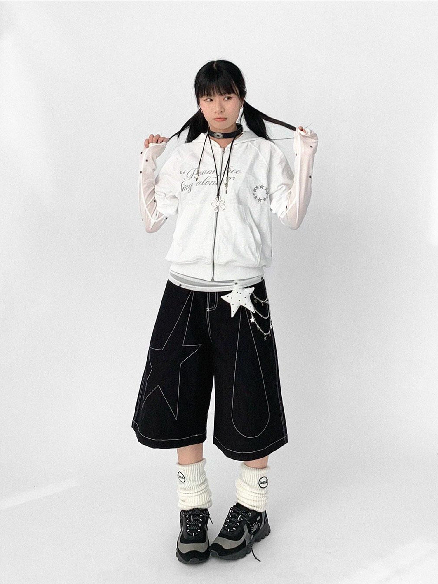 innomoood Tears Star Black Contrast Trim A Line Cropped Culottes