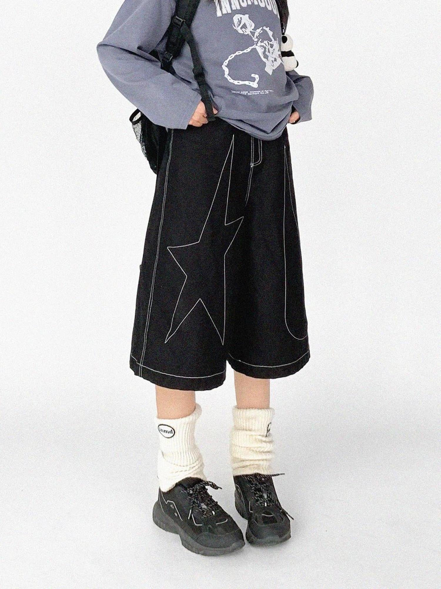 innomoood Tears Star Black Contrast Trim A Line Cropped Culottes