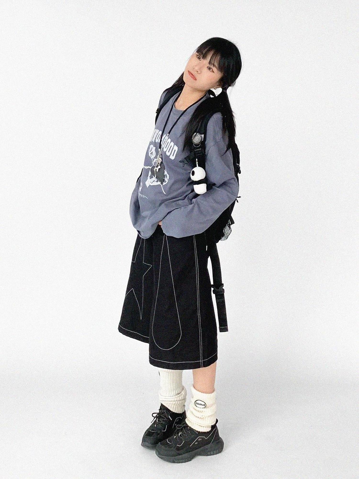 innomoood Tears Star Black Contrast Trim A Line Cropped Culottes