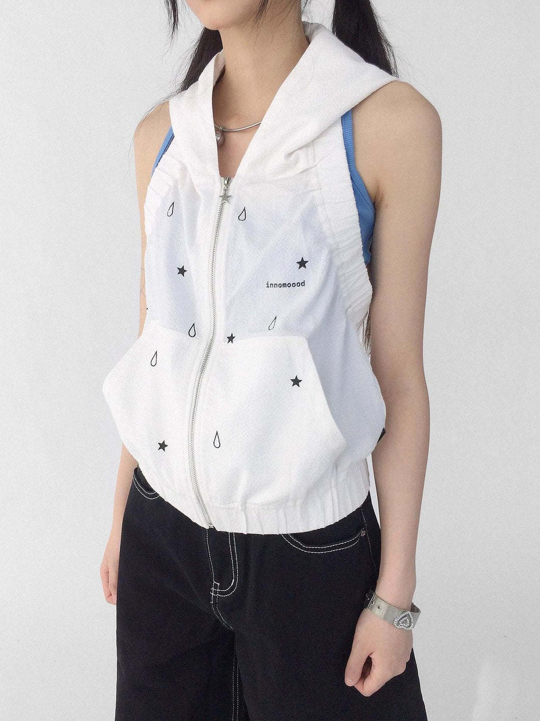 innomoood Tears Star Drop Back Open Knit Hoodie