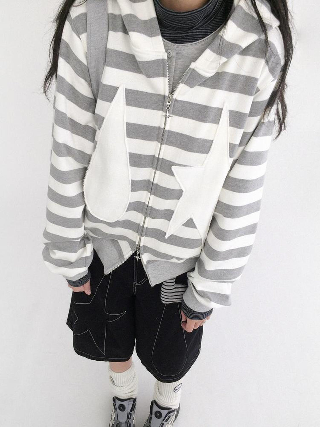 innomoood Tears Star Patchwork Hoodie With Detachable Bunny Ears