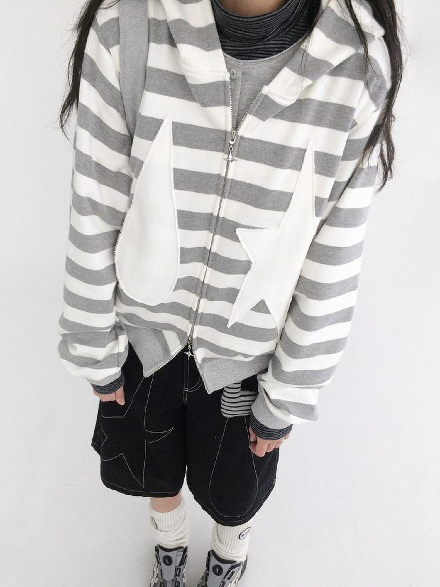 innomoood Tears Star Patchwork Hoodie With Detachable Bunny Ears