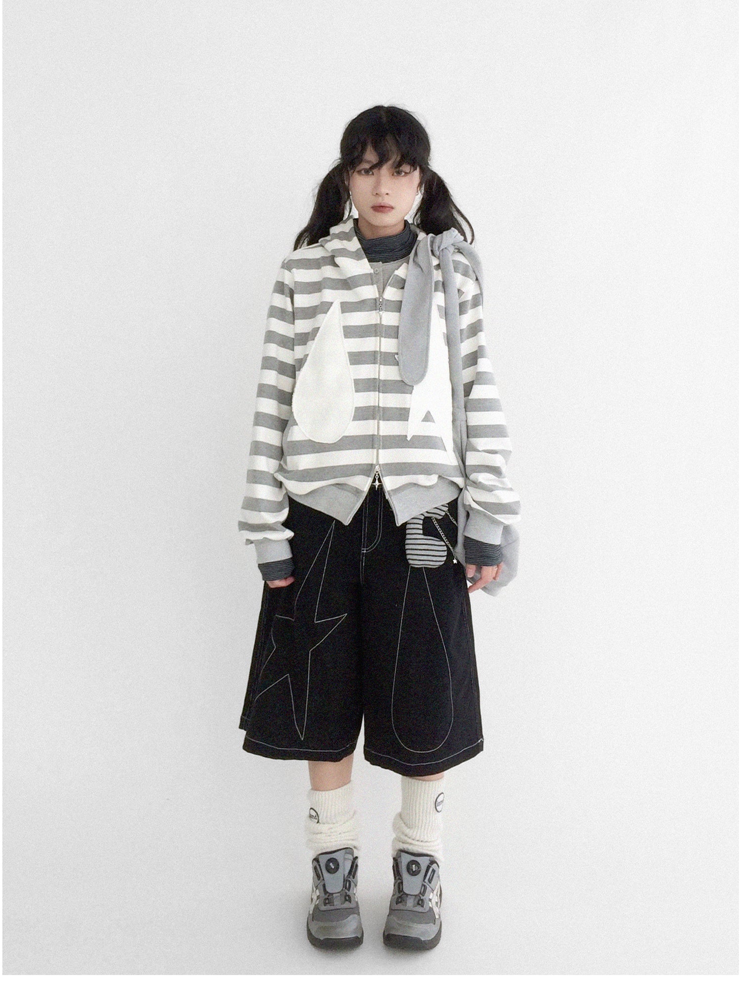 innomoood Tears Star Patchwork Hoodie With Detachable Bunny Ears