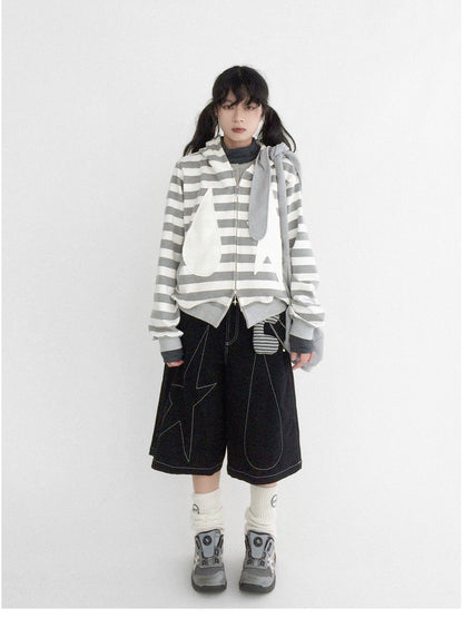 innomoood Tears Star Patchwork Hoodie With Detachable Bunny Ears