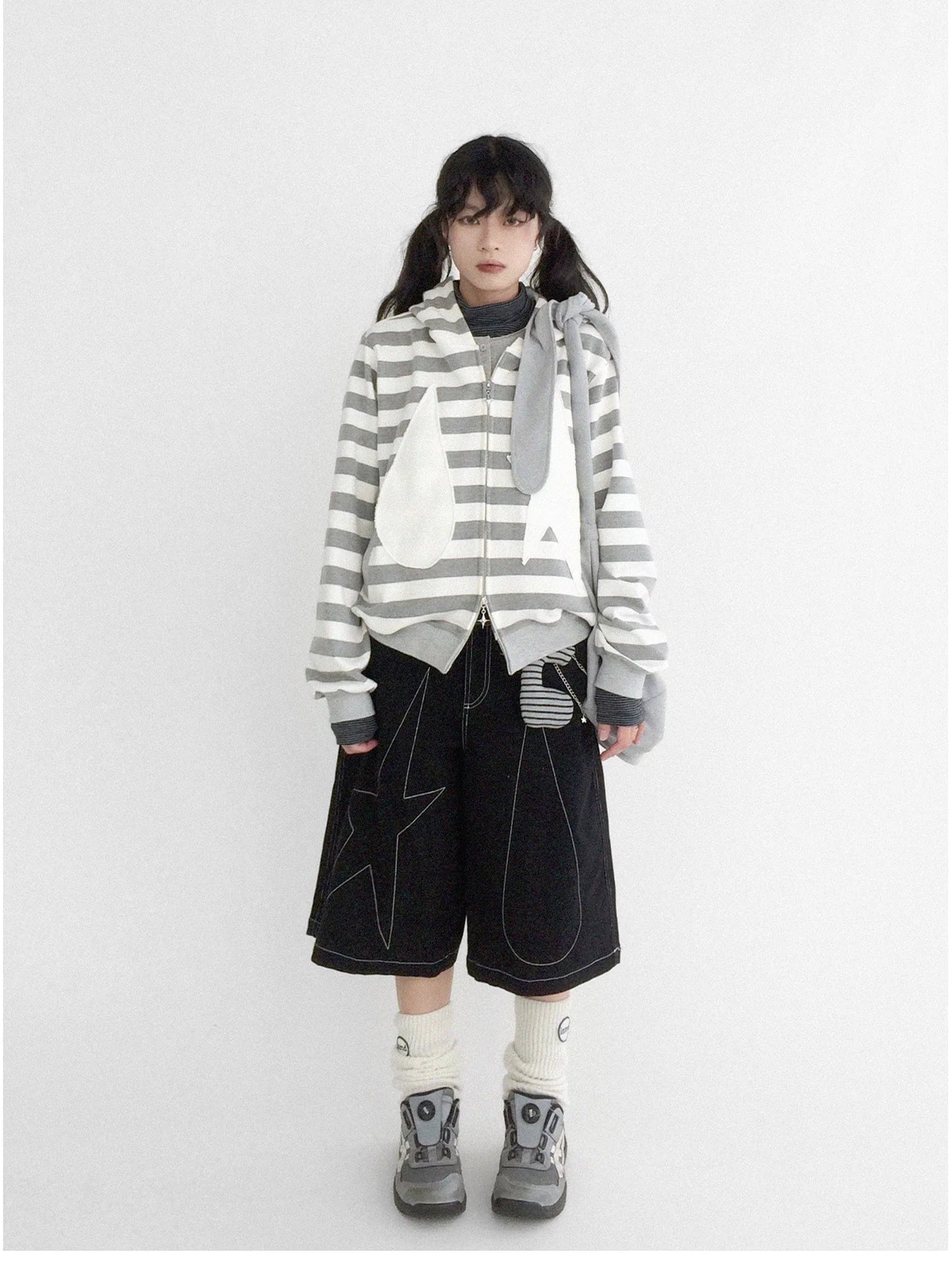 Tears Star Patchwork Hoodie With Detachable Bunny Ears