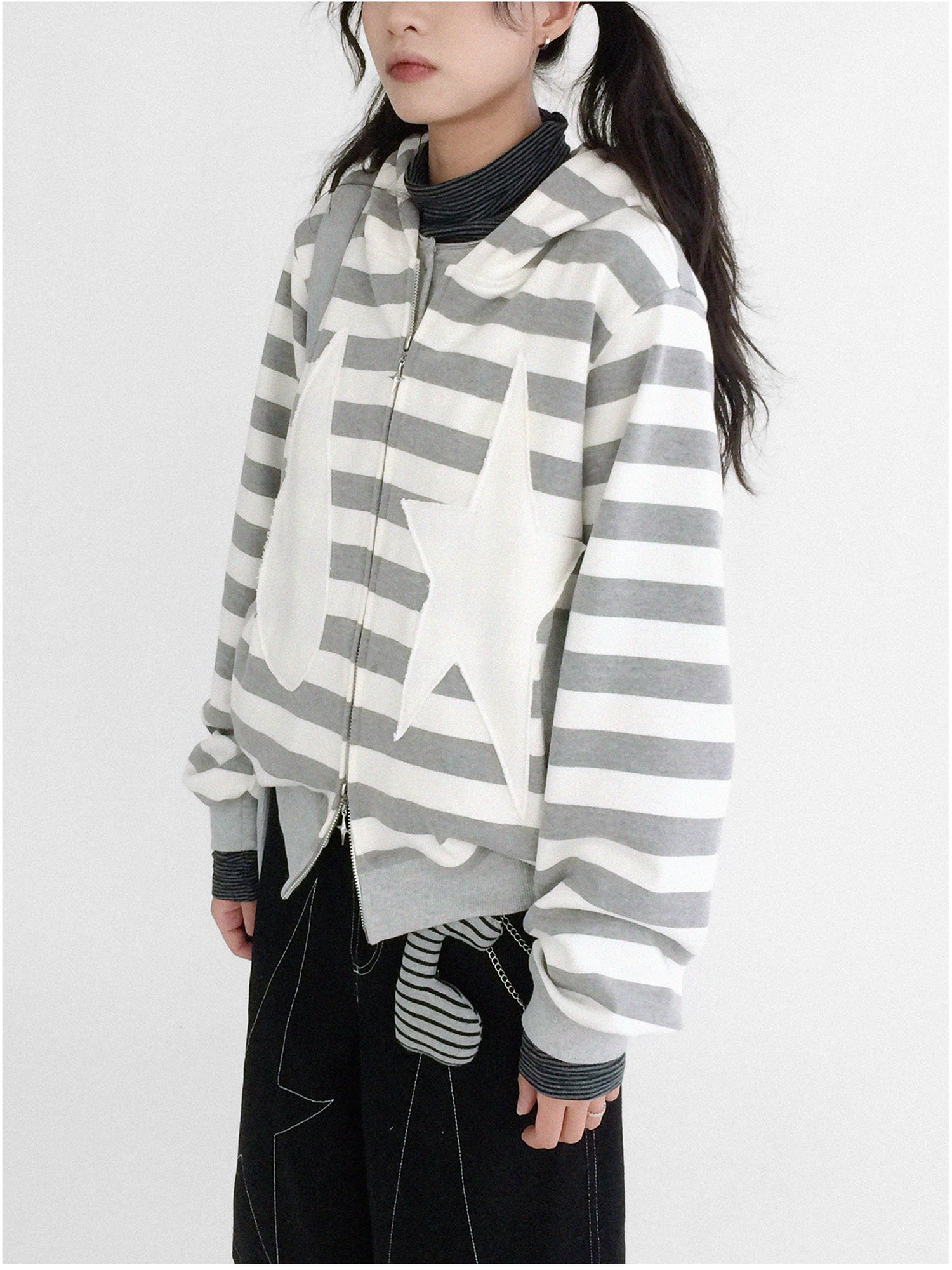 innomoood Tears Star Patchwork Hoodie With Detachable Bunny Ears
