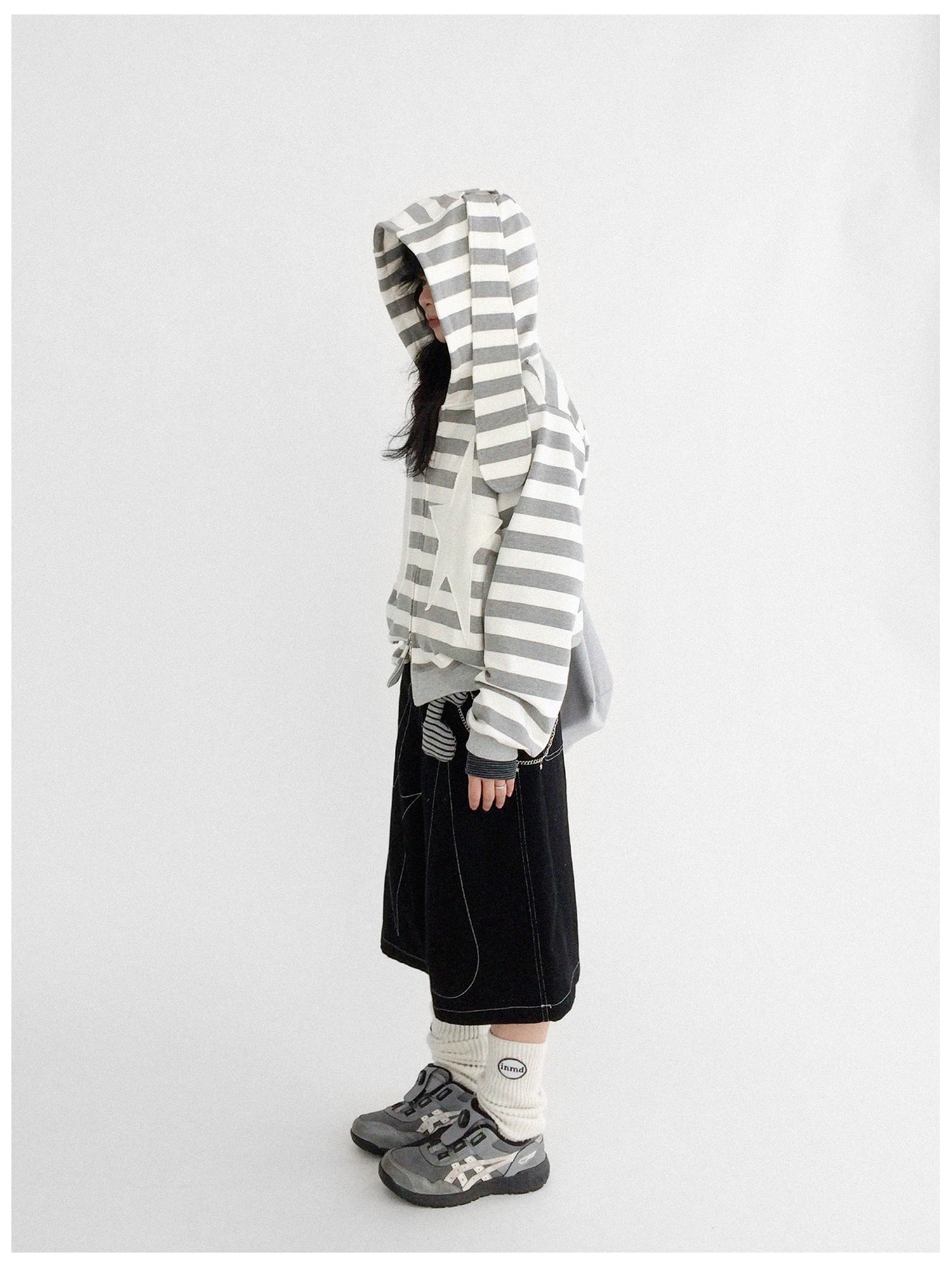 innomoood Tears Star Patchwork Hoodie With Detachable Bunny Ears