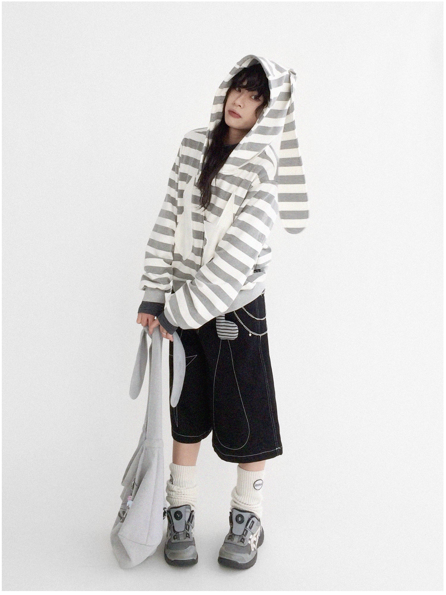innomoood Tears Star Patchwork Hoodie With Detachable Bunny Ears