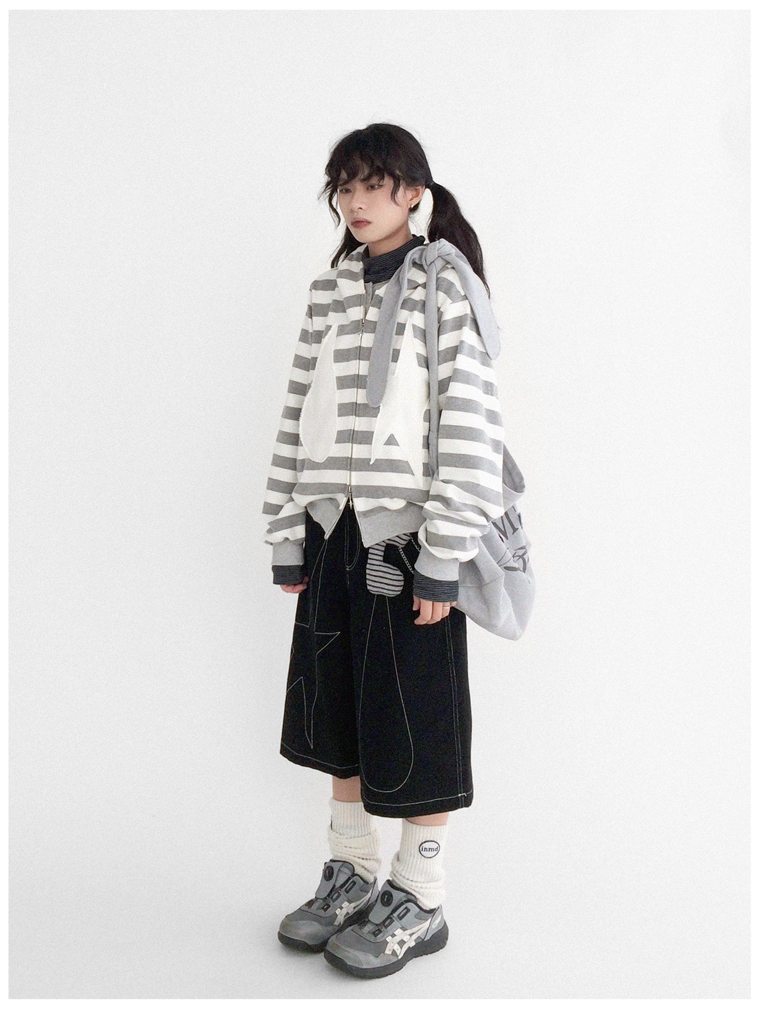 innomoood Tears Star Patchwork Hoodie With Detachable Bunny Ears