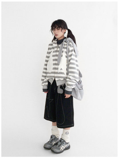 innomoood Tears Star Patchwork Hoodie With Detachable Bunny Ears