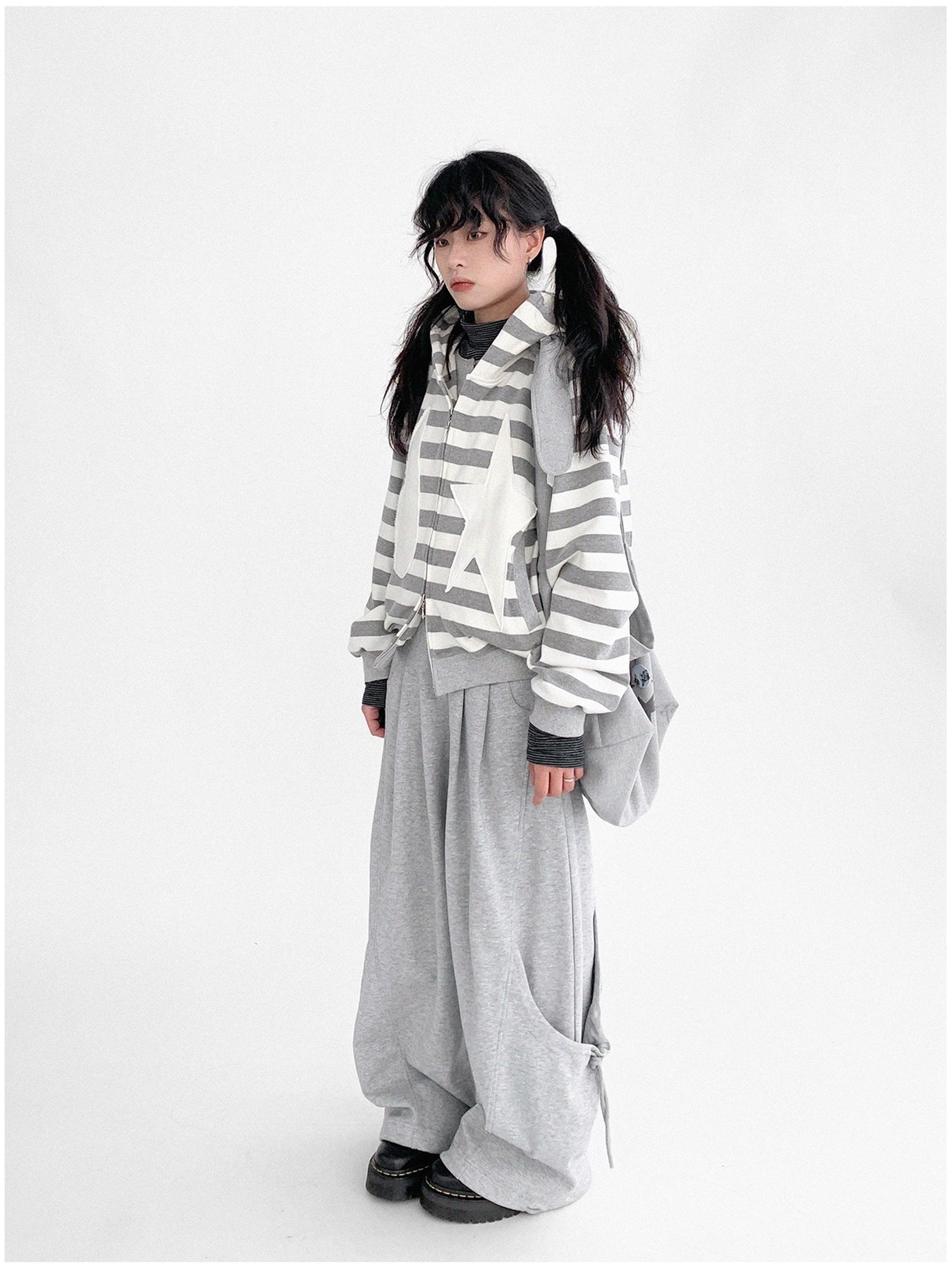 innomoood Tears Star Patchwork Hoodie With Detachable Bunny Ears