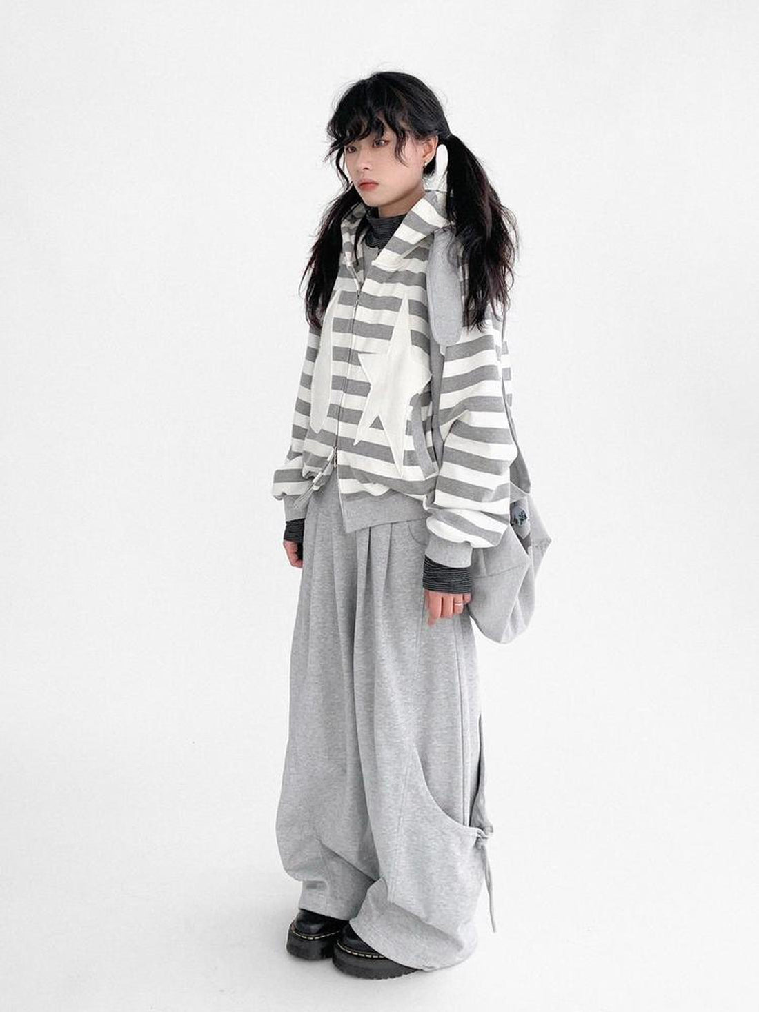 innomoood Tears Star Patchwork Hoodie With Detachable Bunny Ears