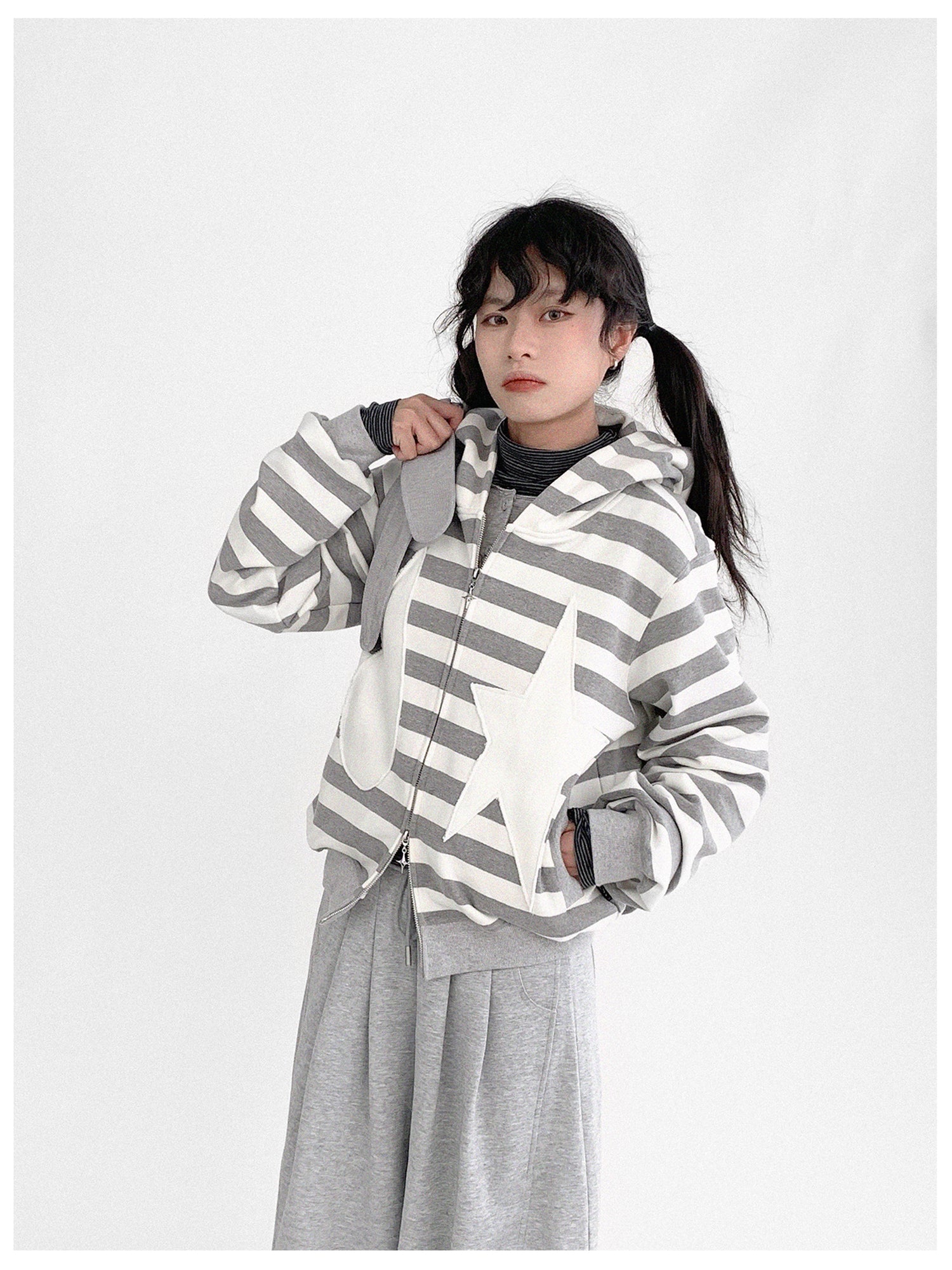 innomoood Tears Star Patchwork Hoodie With Detachable Bunny Ears
