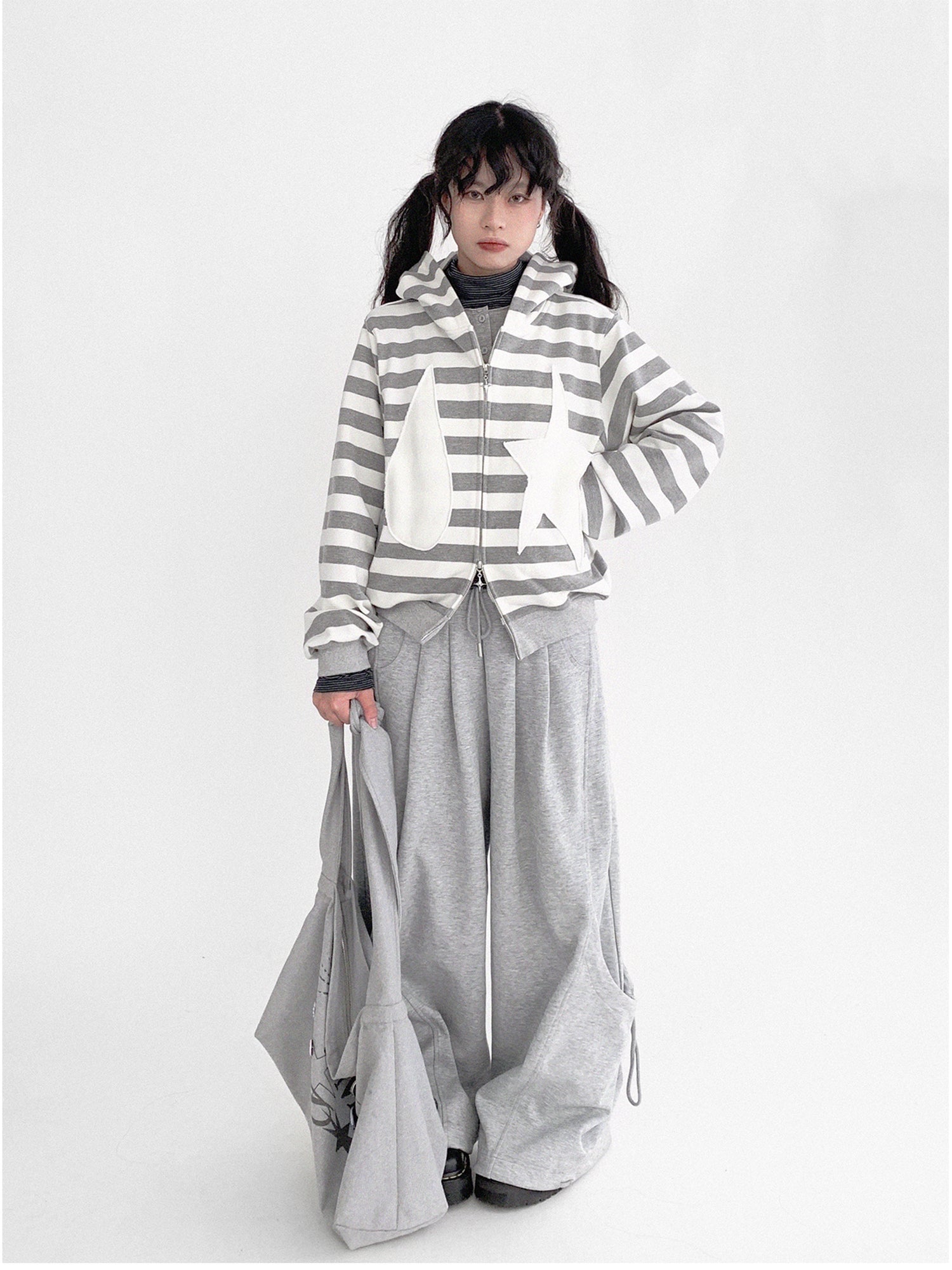 innomoood Tears Star Patchwork Hoodie With Detachable Bunny Ears