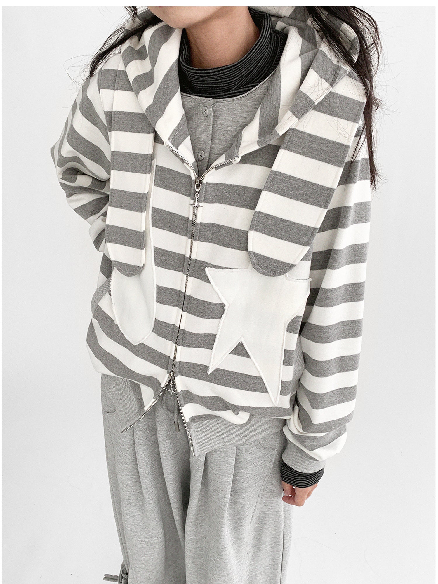 innomoood Tears Star Patchwork Hoodie With Detachable Bunny Ears