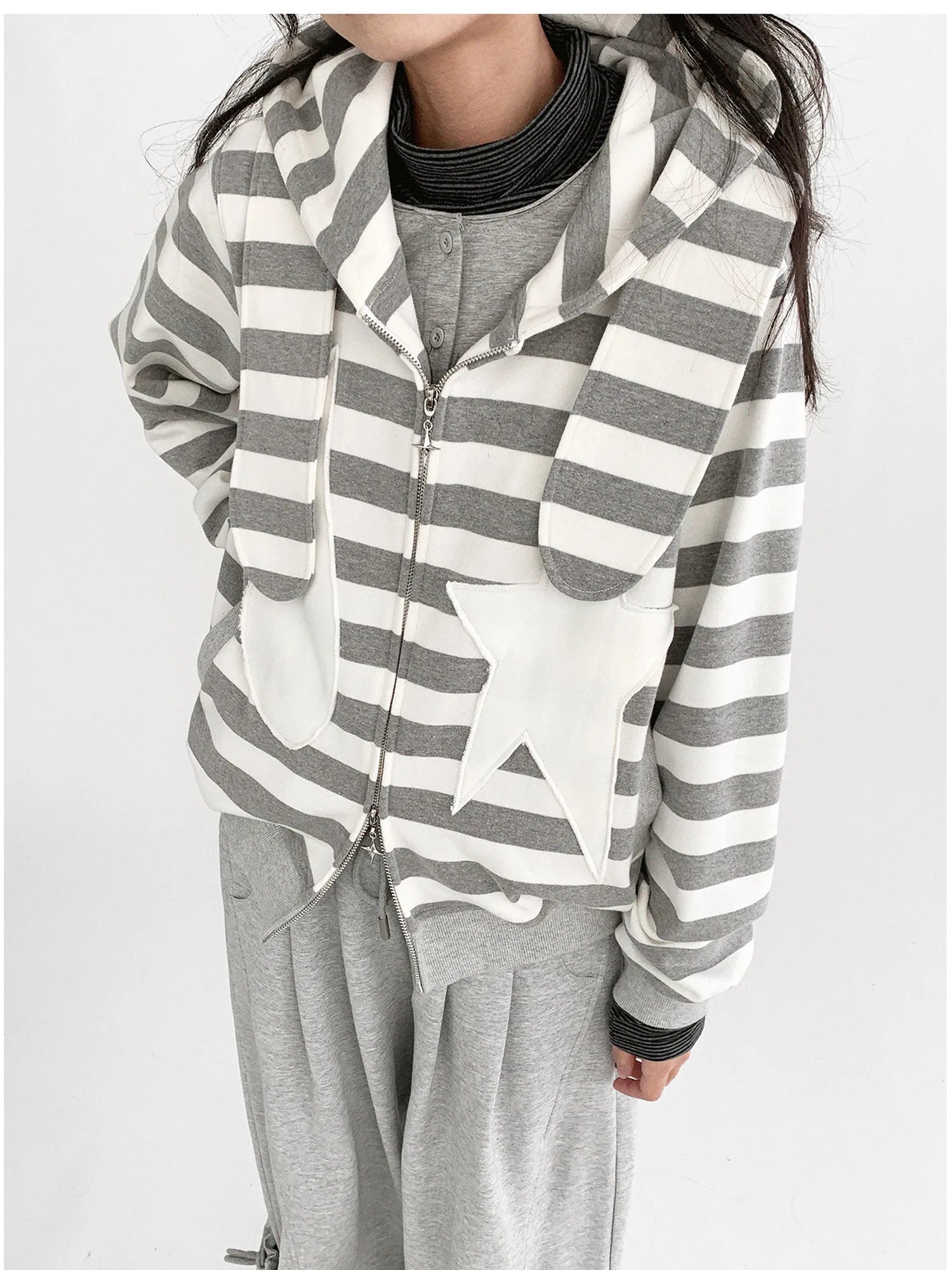 Tears Star Patchwork Hoodie With Detachable Bunny Ears