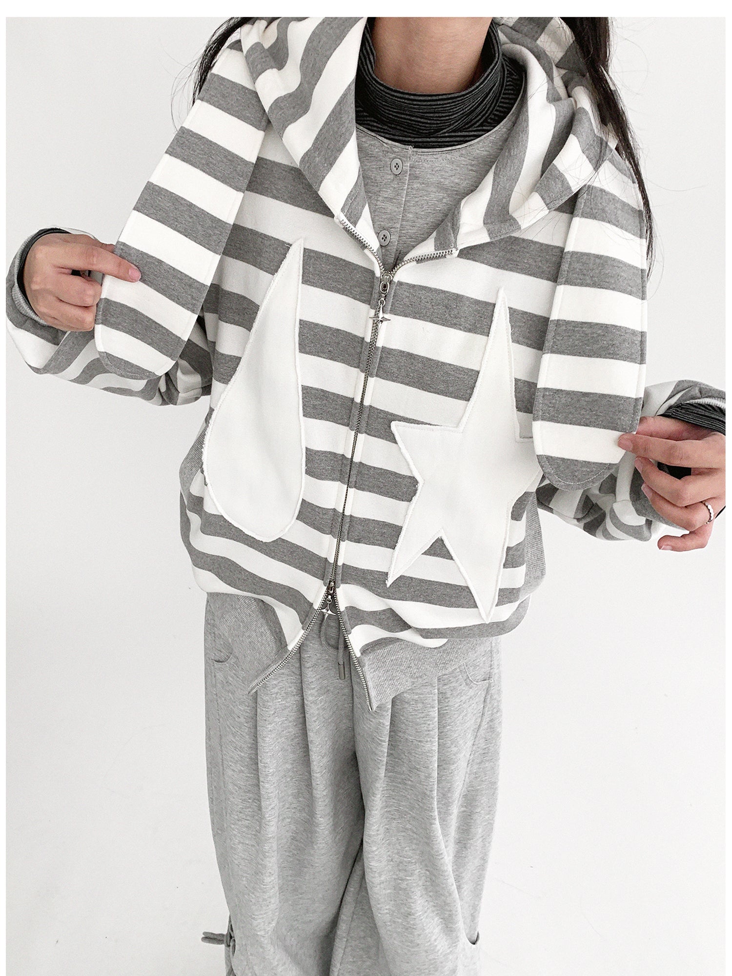 innomoood Tears Star Patchwork Hoodie With Detachable Bunny Ears