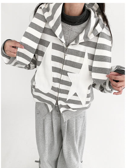 innomoood Tears Star Patchwork Hoodie With Detachable Bunny Ears