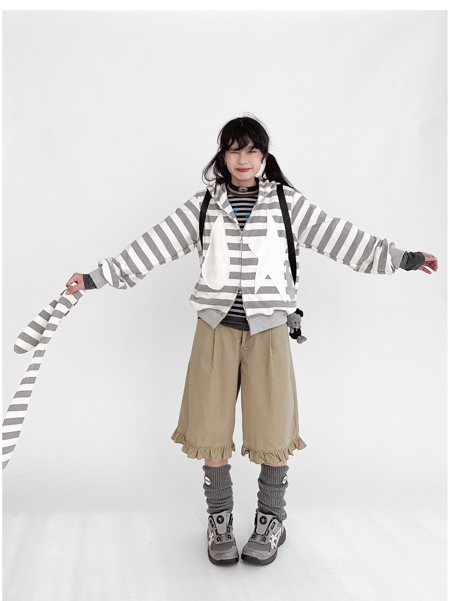 innomoood Tears Star Patchwork Hoodie With Detachable Bunny Ears