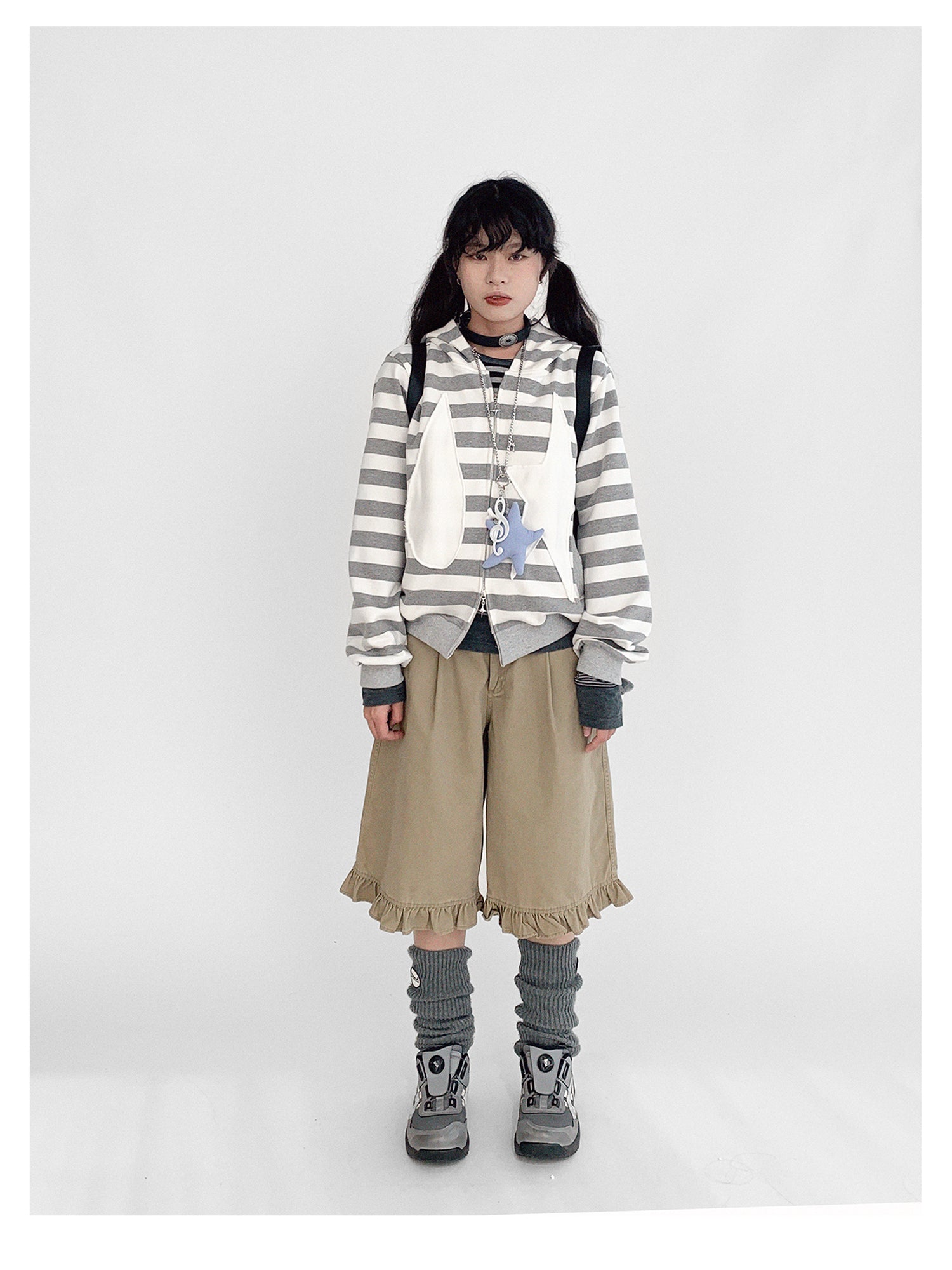innomoood Tears Star Patchwork Hoodie With Detachable Bunny Ears