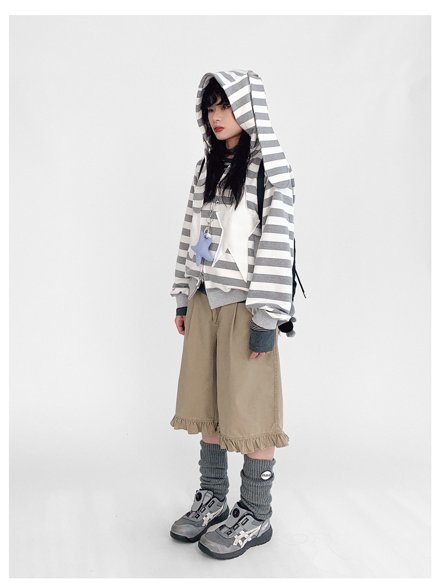 innomoood Tears Star Patchwork Hoodie With Detachable Bunny Ears