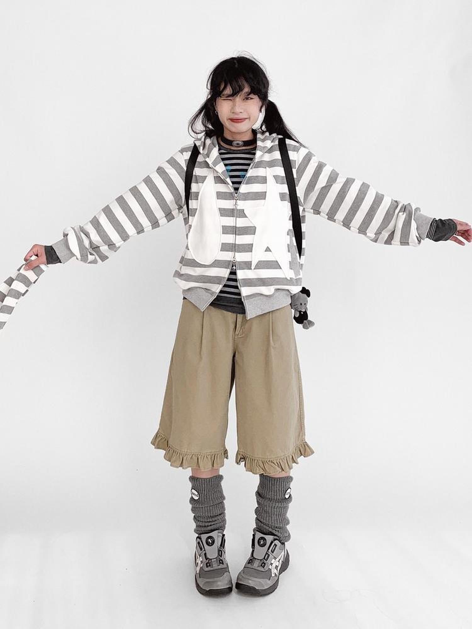 innomoood Tears Star Patchwork Hoodie With Detachable Bunny Ears