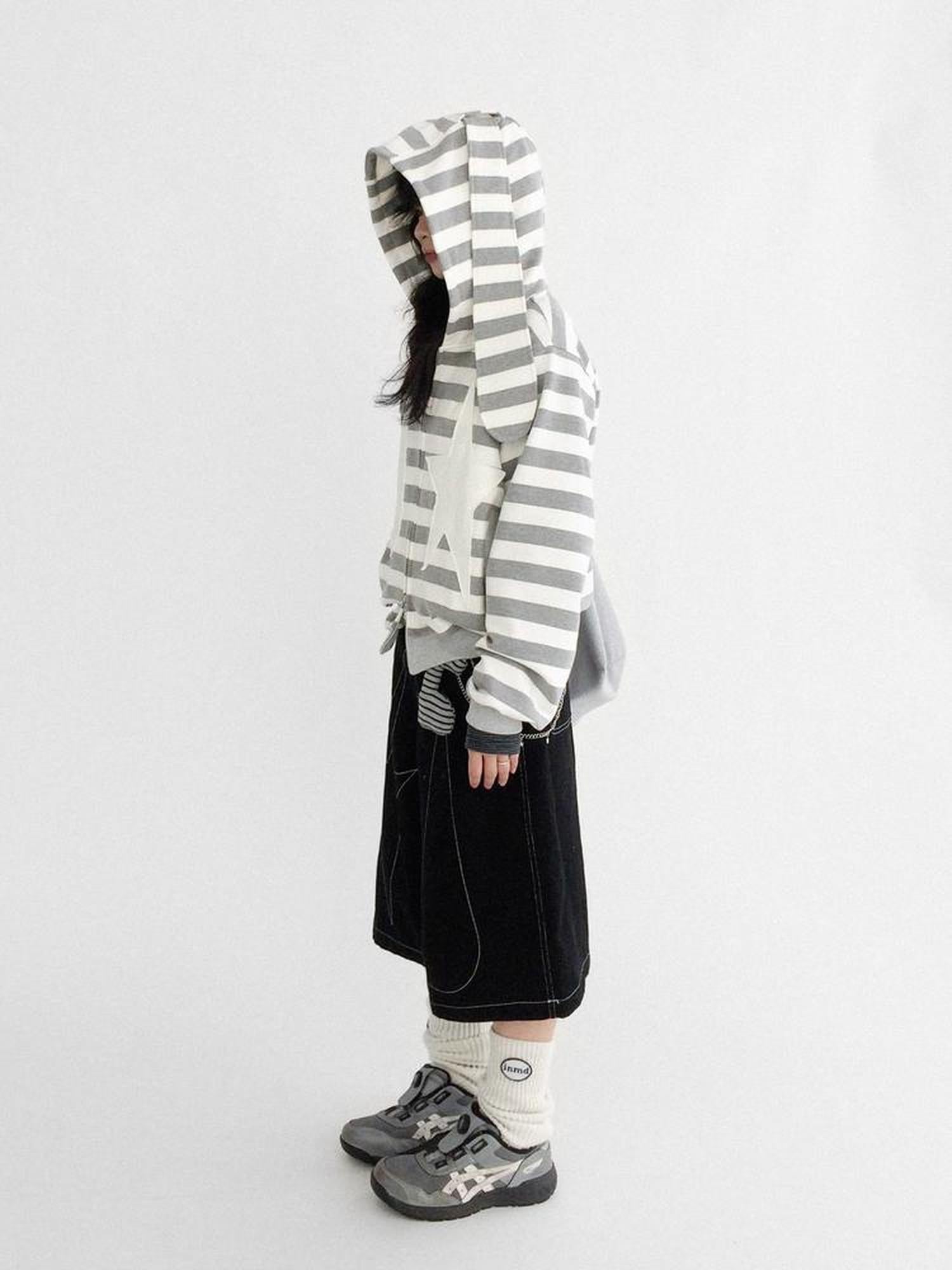 innomoood Tears Star Patchwork Hoodie With Detachable Bunny Ears