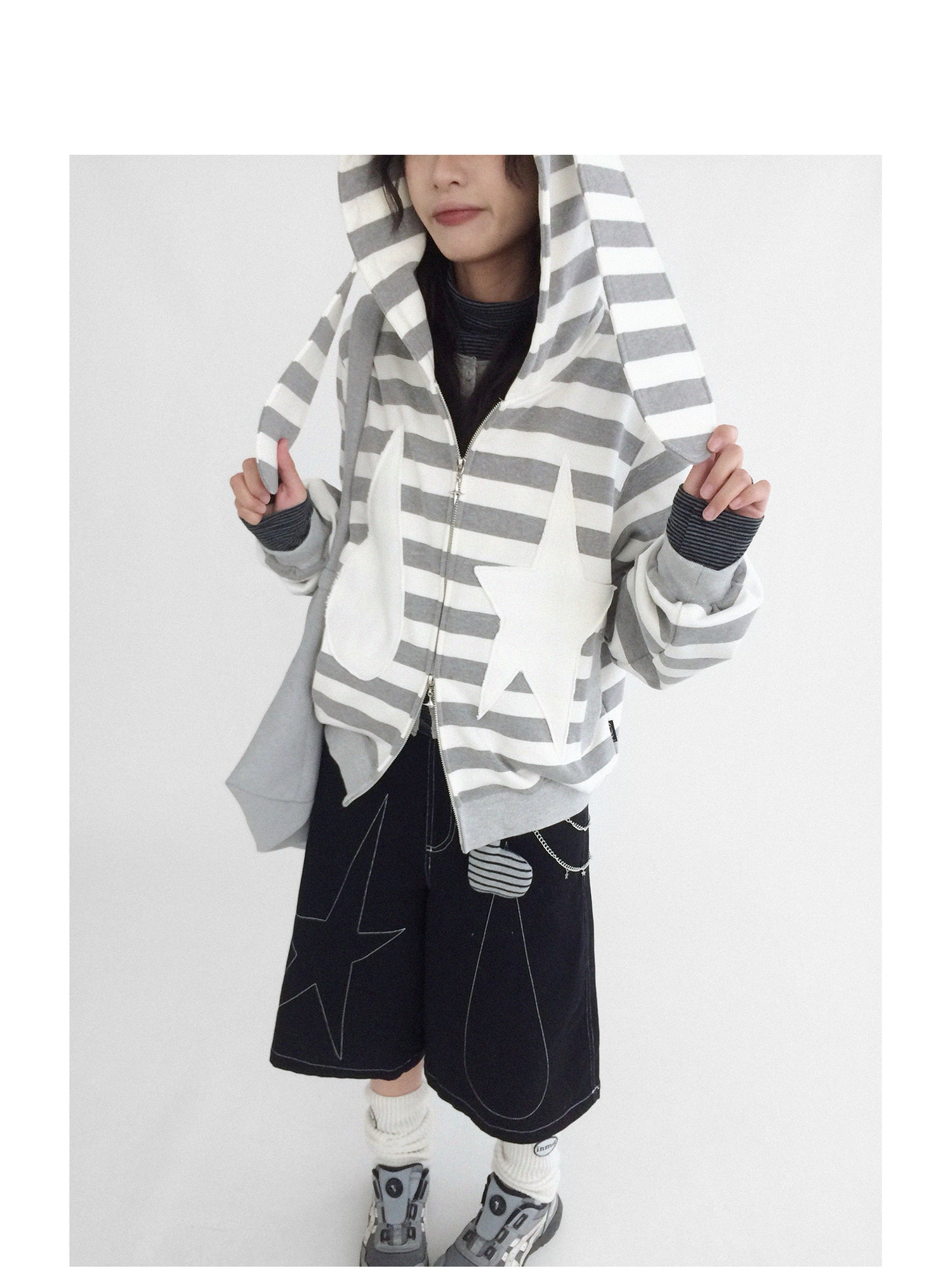 innomoood Tears Star Patchwork Hoodie With Detachable Bunny Ears