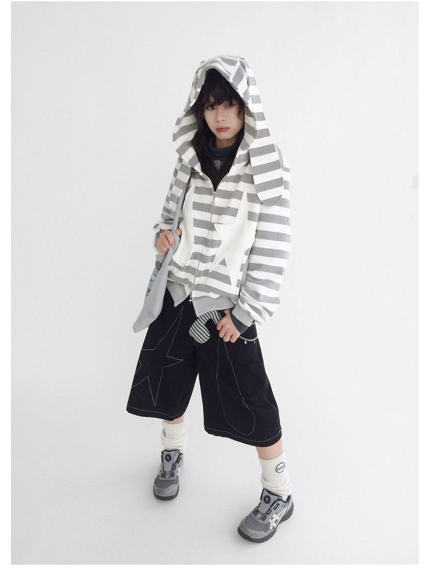 innomoood Tears Star Patchwork Hoodie With Detachable Bunny Ears