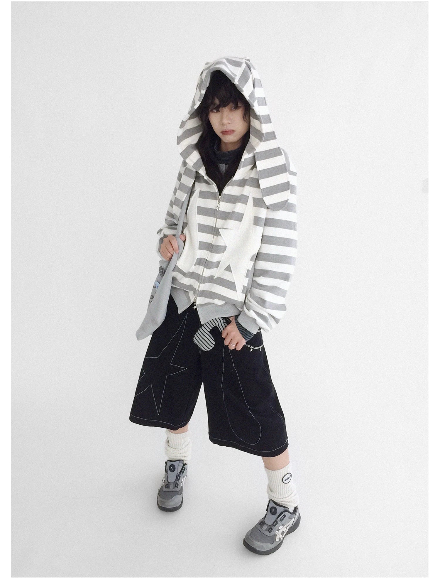 Tears Star Patchwork Hoodie With Detachable Bunny Ears