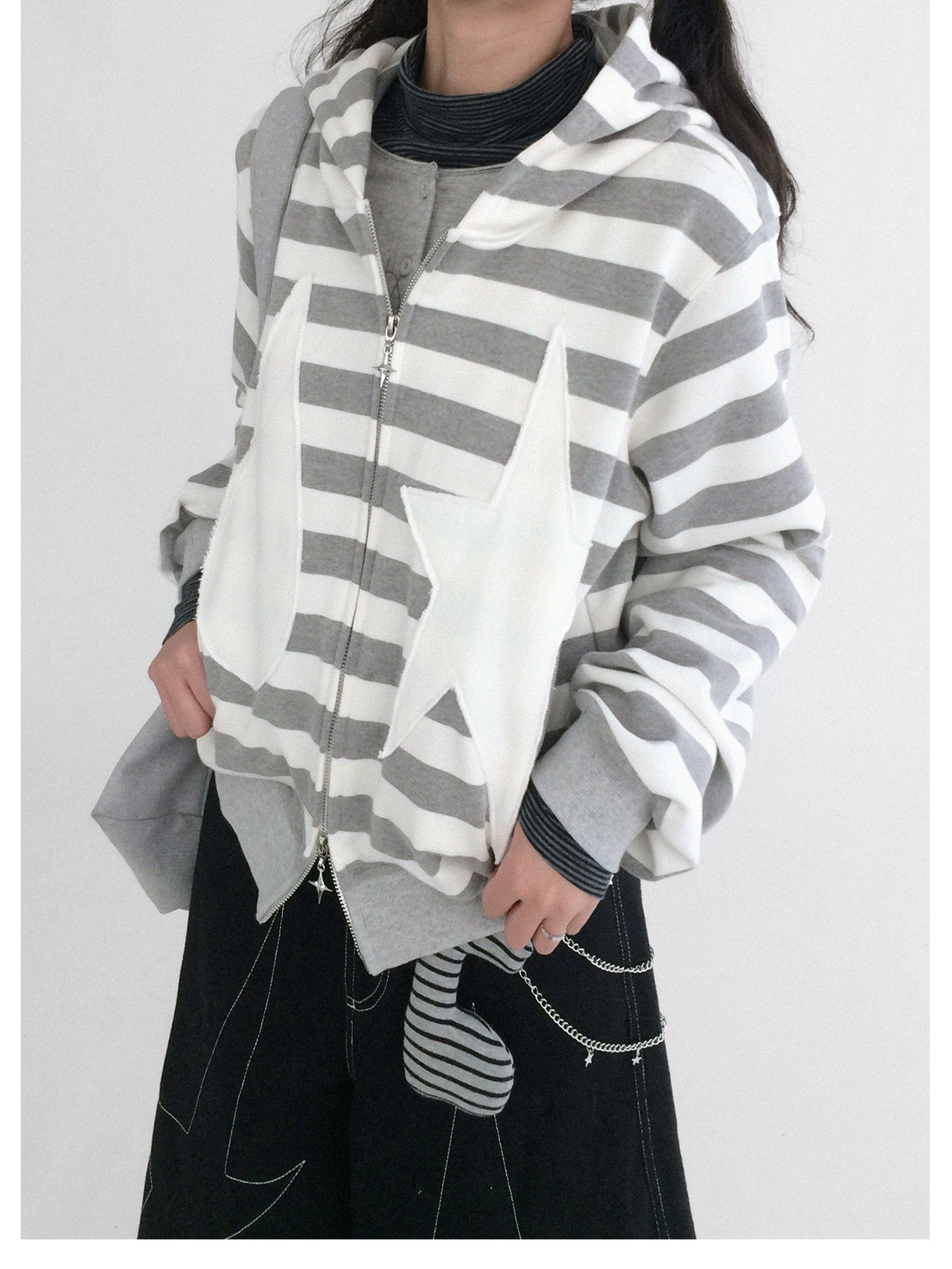 innomoood Tears Star Patchwork Hoodie With Detachable Bunny Ears