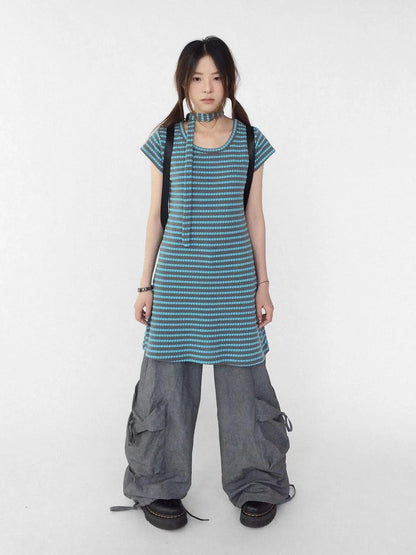 Textured Stripe Tie Front A Line Knit Dress With Flutter Sleeves