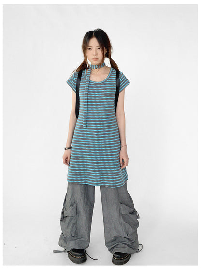 innomoood Textured Stripe Tie Front A Line Knit Dress With Flutter Sleeves