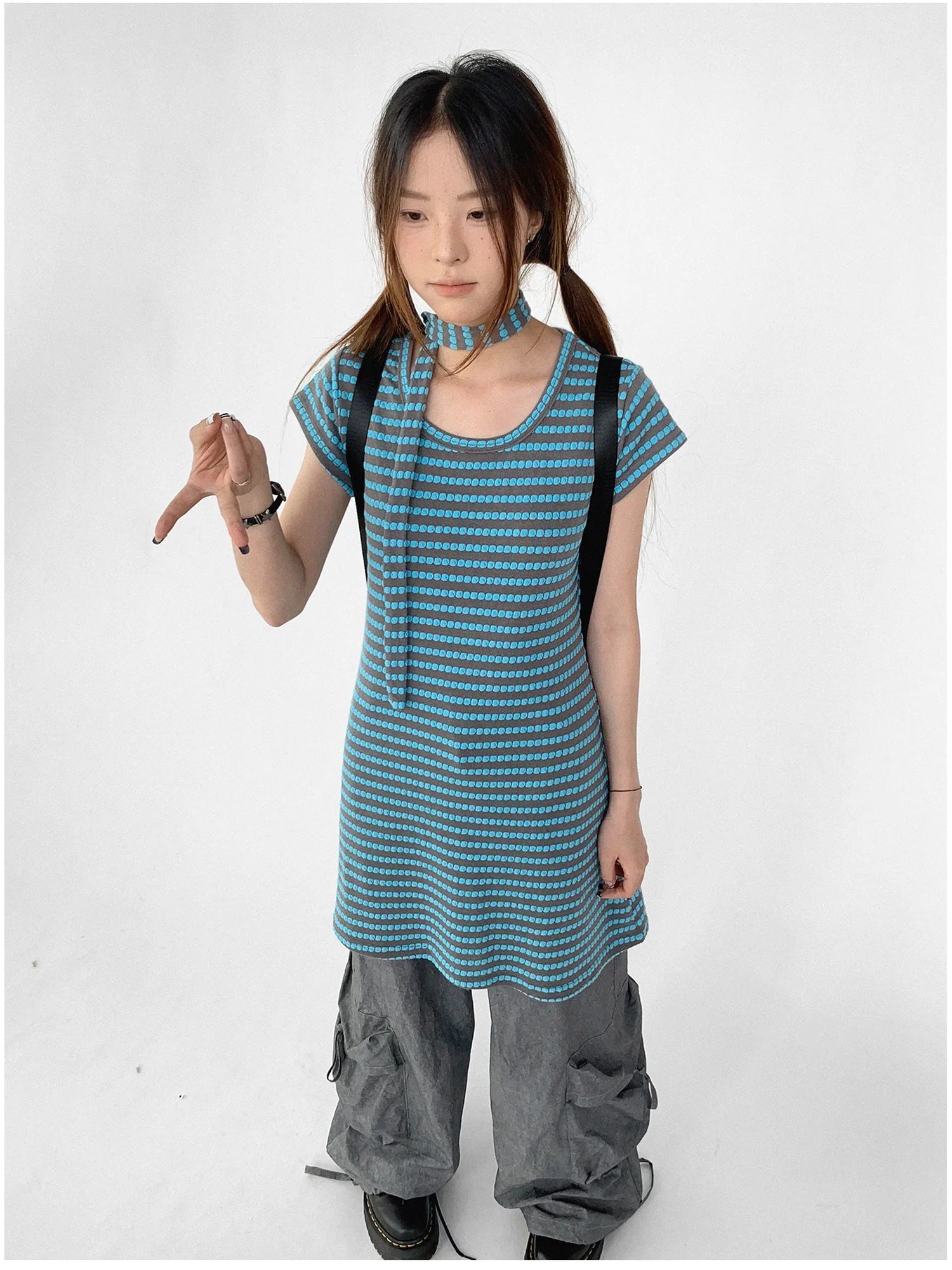 Textured Stripe Tie Front A Line Knit Dress With Flutter Sleeves