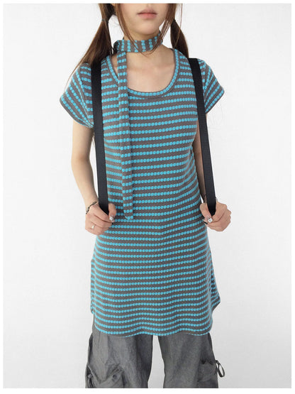 Textured Stripe Tie Front A Line Knit Dress With Flutter Sleeves