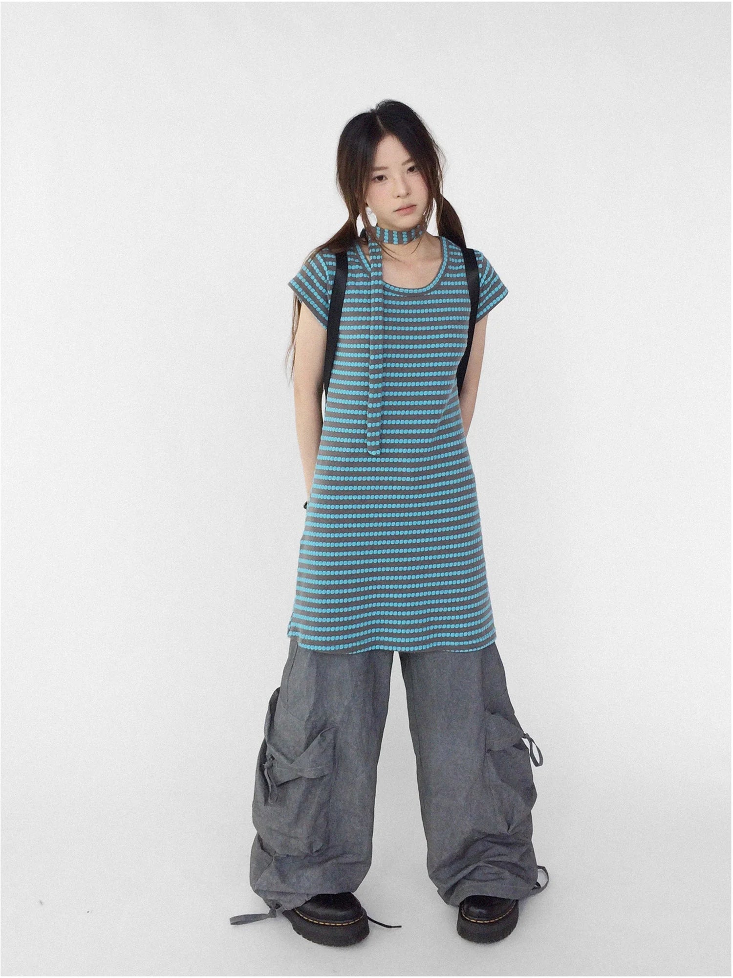 Textured Stripe Tie Front A Line Knit Dress With Flutter Sleeves