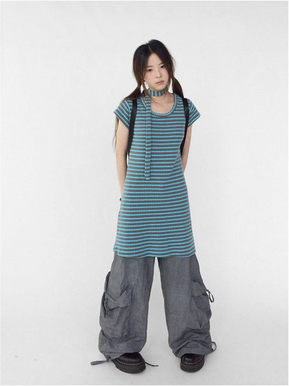 Textured Stripe Tie Front A Line Knit Dress With Flutter Sleeves