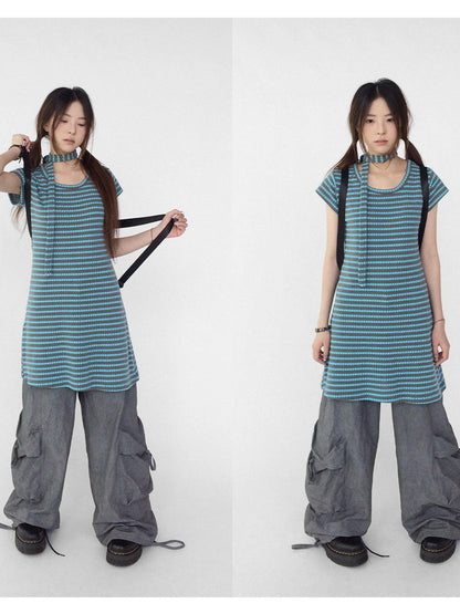 Textured Stripe Tie Front A Line Knit Dress With Flutter Sleeves