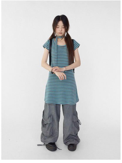 innomoood Textured Stripe Tie Front A Line Knit Dress With Flutter Sleeves