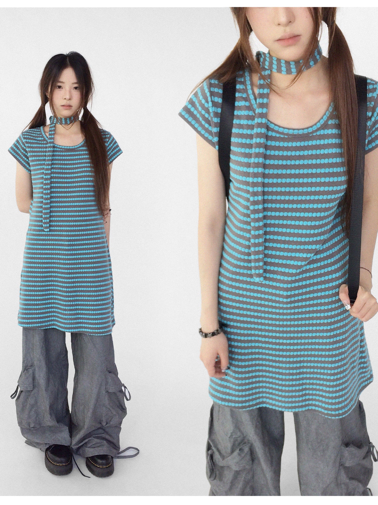 innomoood Textured Stripe Tie Front A Line Knit Dress With Flutter Sleeves