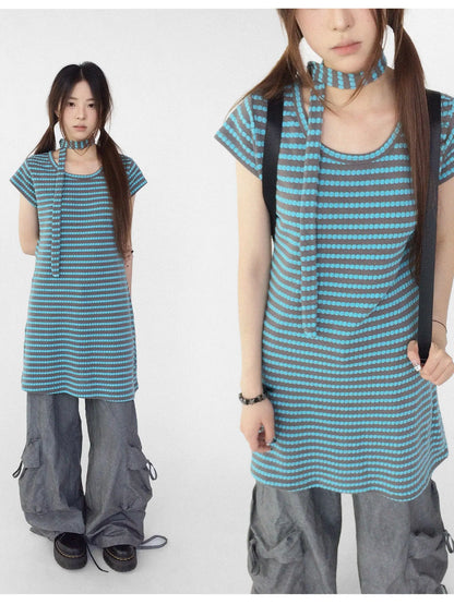 Textured Stripe Tie Front A Line Knit Dress With Flutter Sleeves