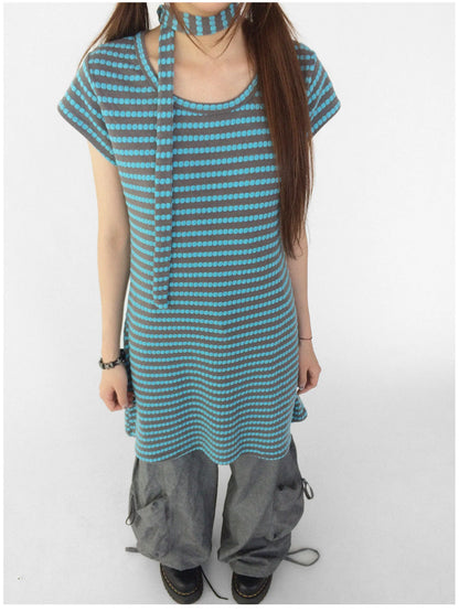 Textured Stripe Tie Front A Line Knit Dress With Flutter Sleeves