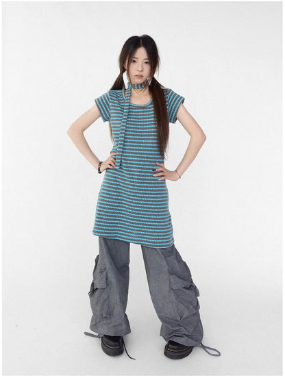 Textured Stripe Tie Front A Line Knit Dress With Flutter Sleeves