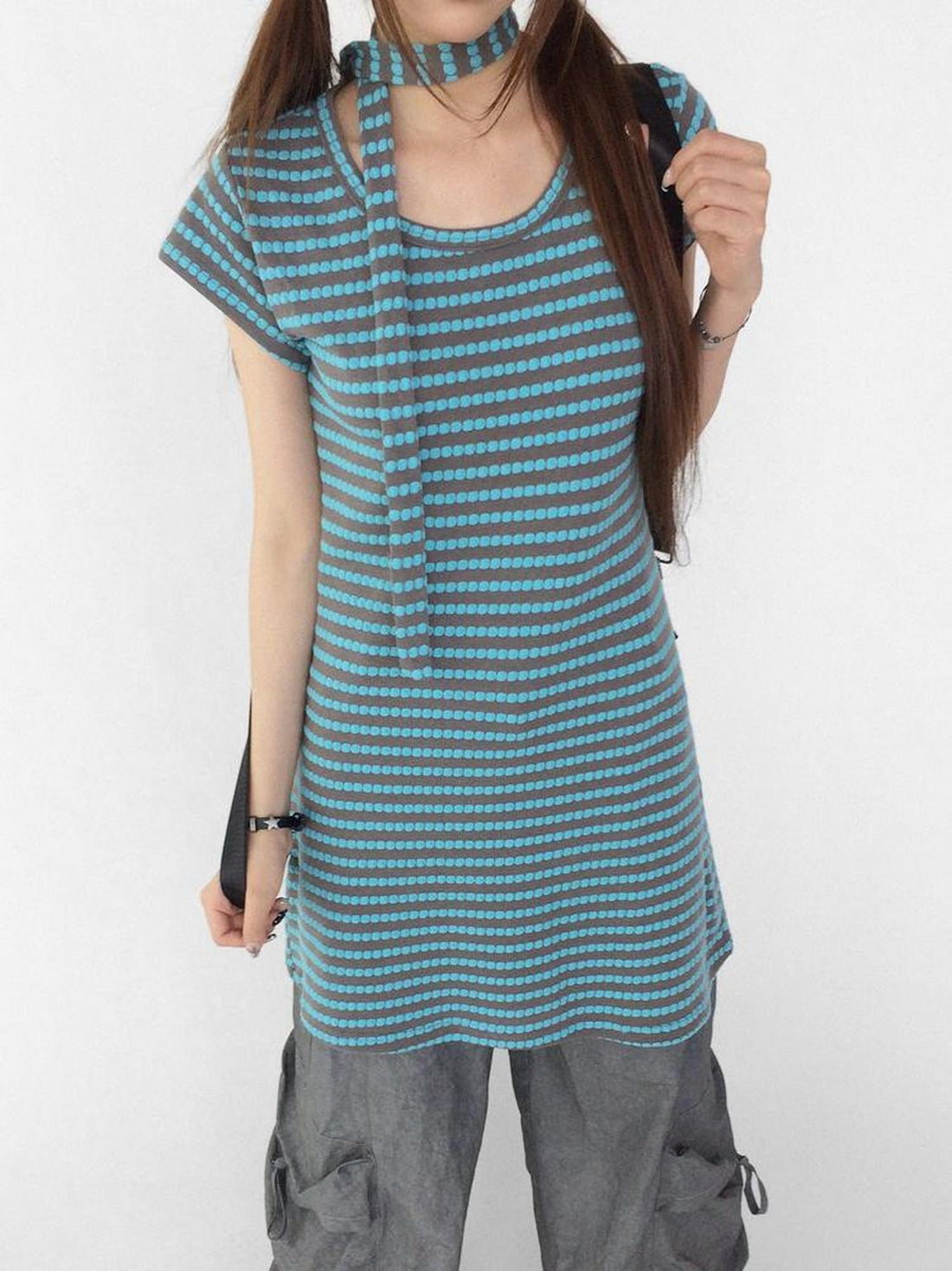 innomoood Textured Stripe Tie Front A Line Knit Dress With Flutter Sleeves