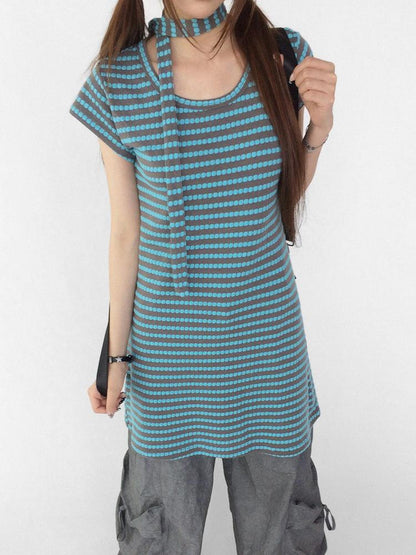 innomoood Textured Stripe Tie Front A Line Knit Dress With Flutter Sleeves