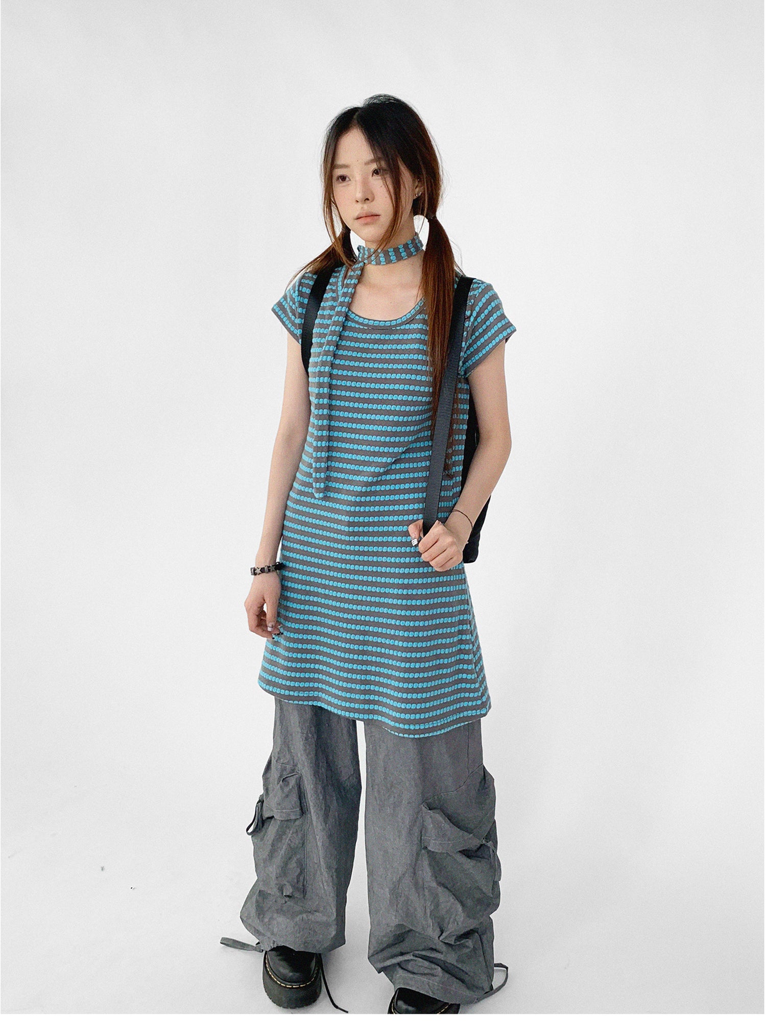 innomoood Textured Stripe Tie Front A Line Knit Dress With Flutter Sleeves